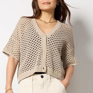 EVEREVE NINA POINTELLE SHORT SLEEVE CARDIGAN FAWN - M